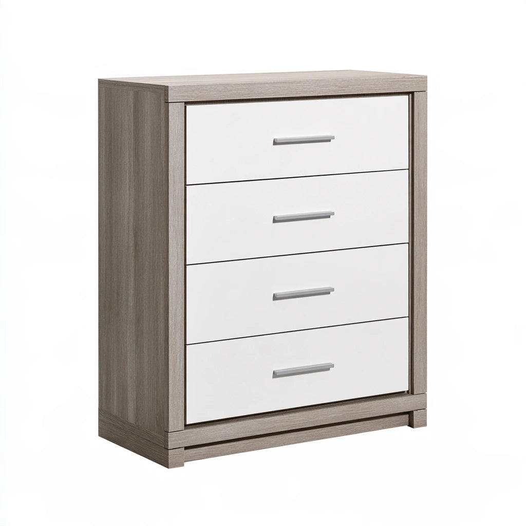 Commode à tiroirs aux lignes épurées à quatre tiroirs, coloris gris