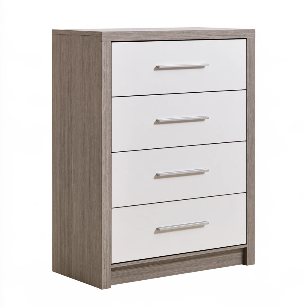 Commode à tiroirs aux lignes épurées à quatre tiroirs, coloris gris