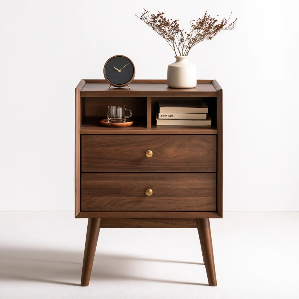 Table de chevet en bois à deux tiroirs, coloris brun