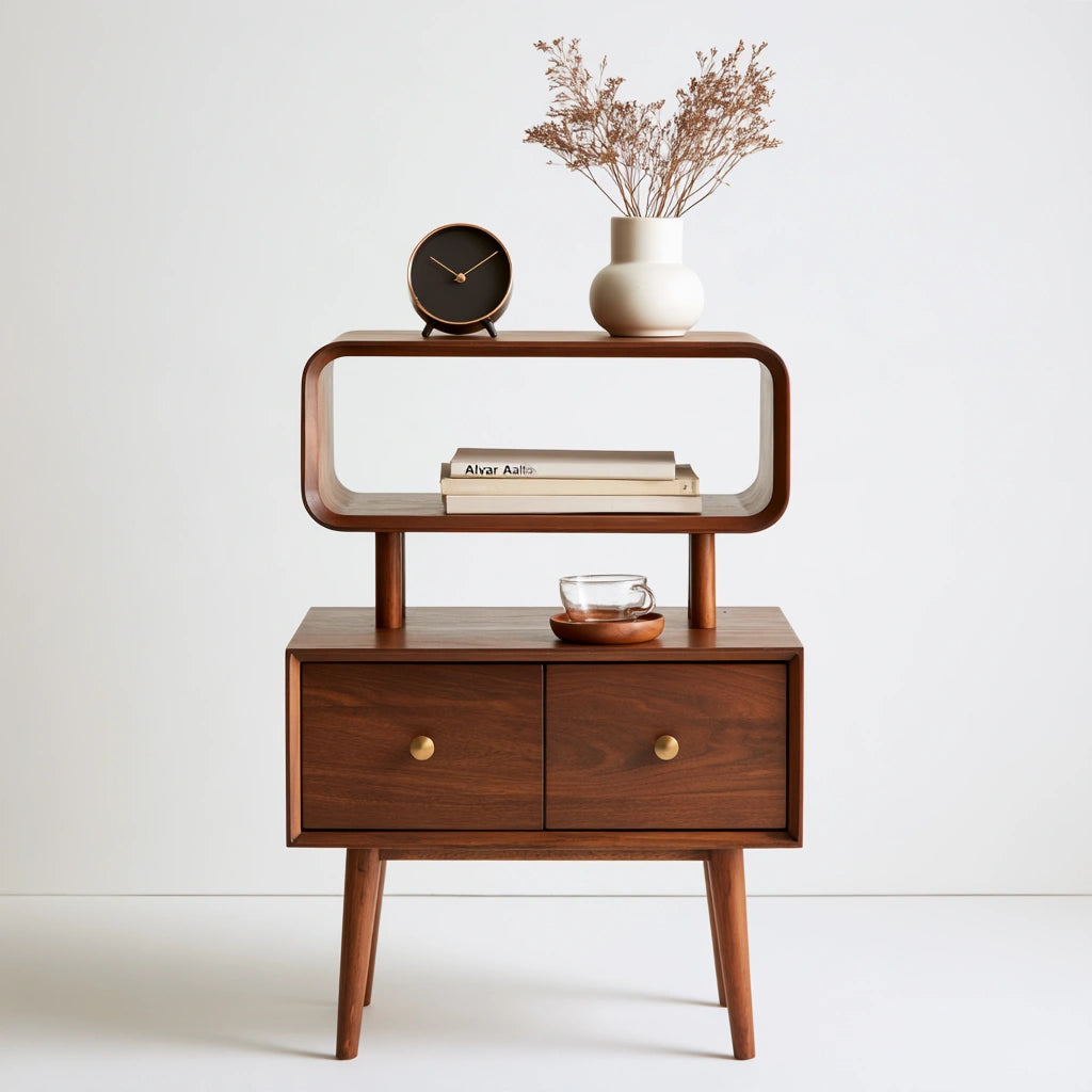 Table de chevet en bois à deux tiroirs, coloris brun